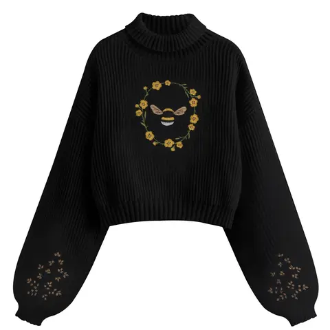 Women's Cartoon Bee Embroidery Drop Shoulder Sweater, Casual Long Sleeve High Neck Turtleneck Knitting Jumper for Spring & Fall, Autumn Knit Fashion Women's Knitwear for Daily Wear, Womenswear