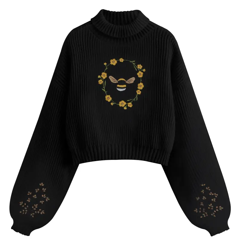 Women's Cartoon Bee Embroidery Drop Shoulder Sweater, Casual Long Sleeve High Neck Turtleneck Knitting Jumper for Spring & Fall, Autumn Knit Fashion Women's Knitwear for Daily Wear, Womenswear