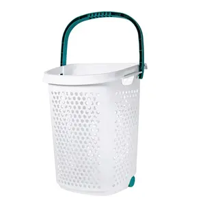 173128053 - 2 Bushel Rolling Plastic Laundry Hamper with Pop-up Handle, White, Adult
