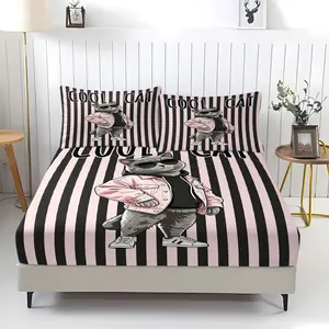 Striped kitten pattern printed bed sheet, including 1 bed sheet and 2 pillowcases, anti slip dust cover suitable for bedrooms and guest rooms, suitable for personal use or gift giving