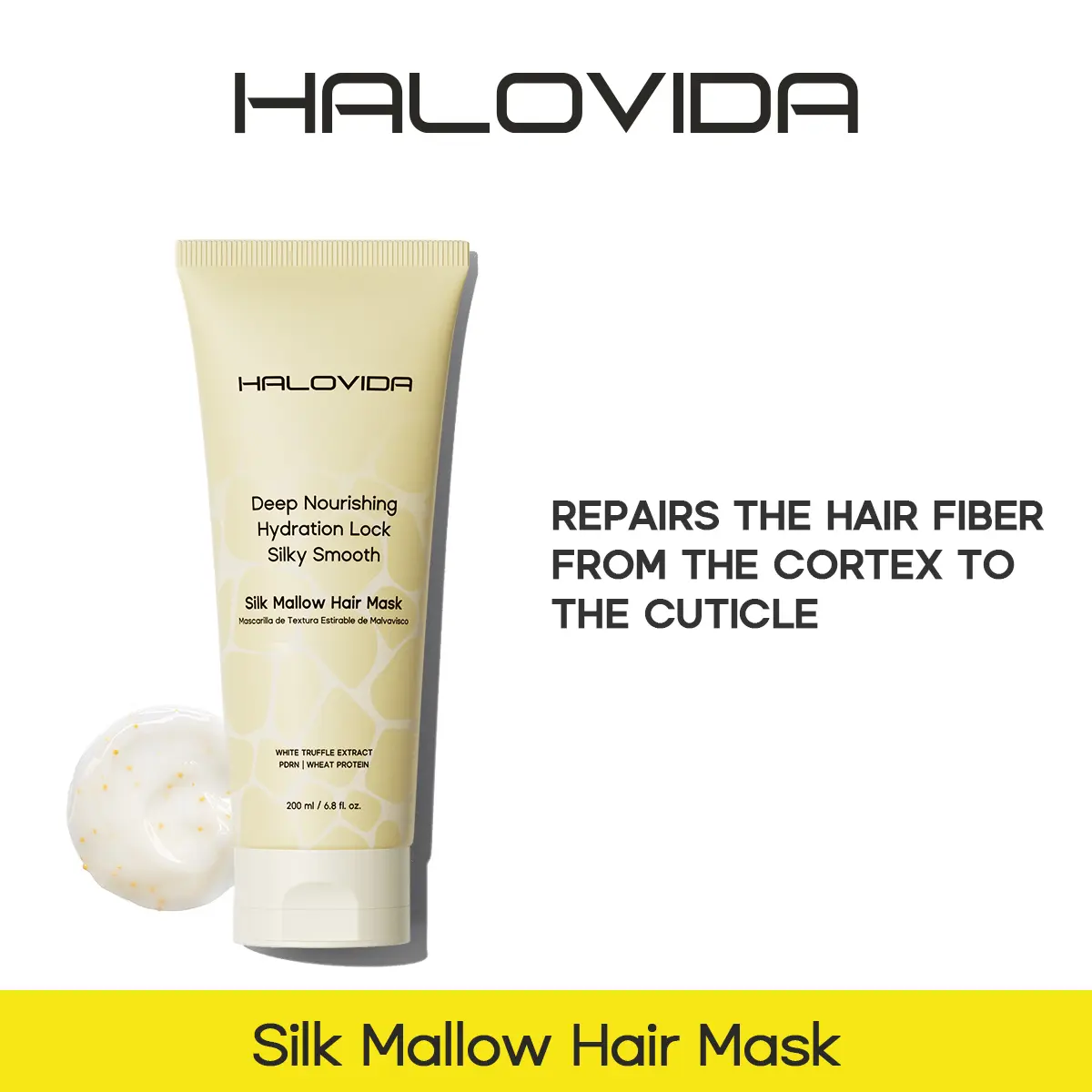 Halovida Silk Mallow Hair Mask for Hydrating and Moisturizing Hair,Strengthens & Maintains Bonds within Hair, Flyaways & Reduce Breakage,Instant Softness & Shine,Gentle,Dry & Damaged Hair Professional Treatment,6.8 fl.oz