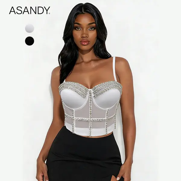 ASANDY Women's Bustier Crop Top - Sleeveless Rhinestone Embellished Mesh Corset with Sweetheart Neckline for Parties, Chic, Lady, Corset Look, Sparkling, All Seasons, Year-Round, Buckle, Evening, Formal Wear, Sparkly, Corset Top