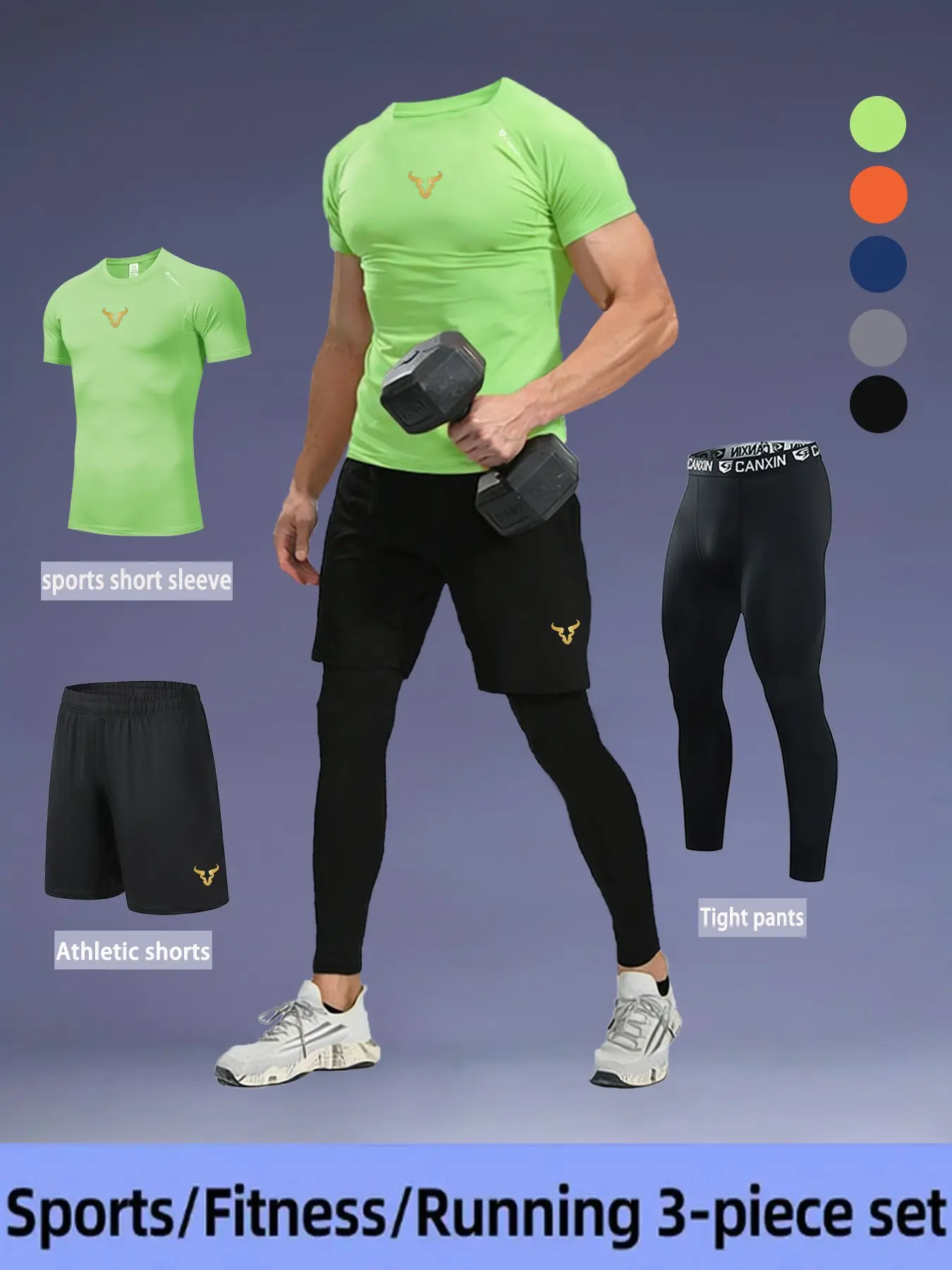 Men's 3-Piece Compression Set, Sporty Base Layer with Bull Logo, Short Sleeve Top and Pants, Breathable Elastic Fabric, Ideal for Gym Running Cycling Training Athletic Sportswear