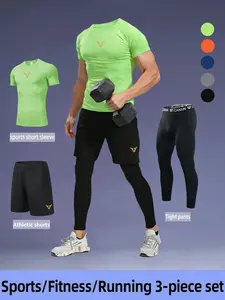 Men's 3-Piece Compression Set, Sporty Base Layer with Bull Logo, Short Sleeve Top and Pants, Breathable Elastic Fabric, Ideal for Gym Running Cycling Training Athletic Sportswear
