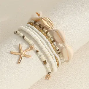 FASHION4U - 7 Pcs Stackable Starfish Pendant Bracelet Set with Mini Seed Beads - Handcrafted Beach Jewelry for Women
