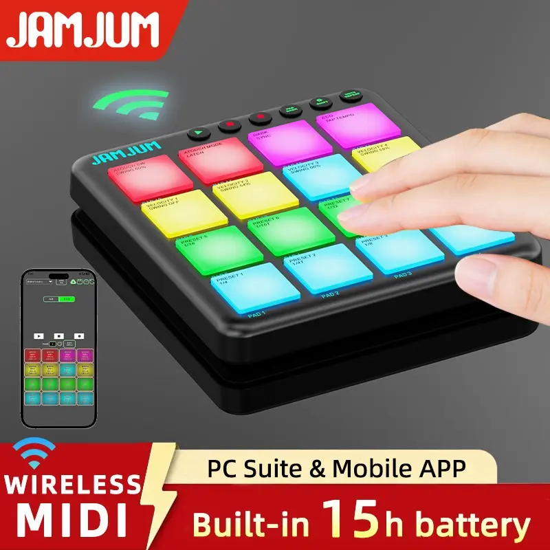 JAMJUM JP-Mini Midi Drum Pad with RGB Backlight, Pocket Size Rechargeable Controller Pad, Percussion Instrument, Drum Practice Pad, APP Compatible, Ideal for Beginners