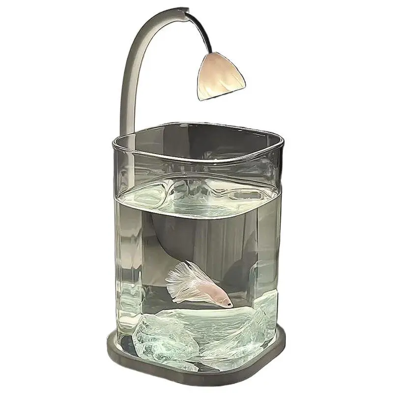 10x10x15cm Square Shatterproof Acrylic Ice Crystal Desktop Betta Tank, Contemporary Complete Aquascape Set, Easy-Setup Ecological Fish Tank for Beginners, Dreamlike Ice Blue Glass Landscape Package Home Decor Pet Supply