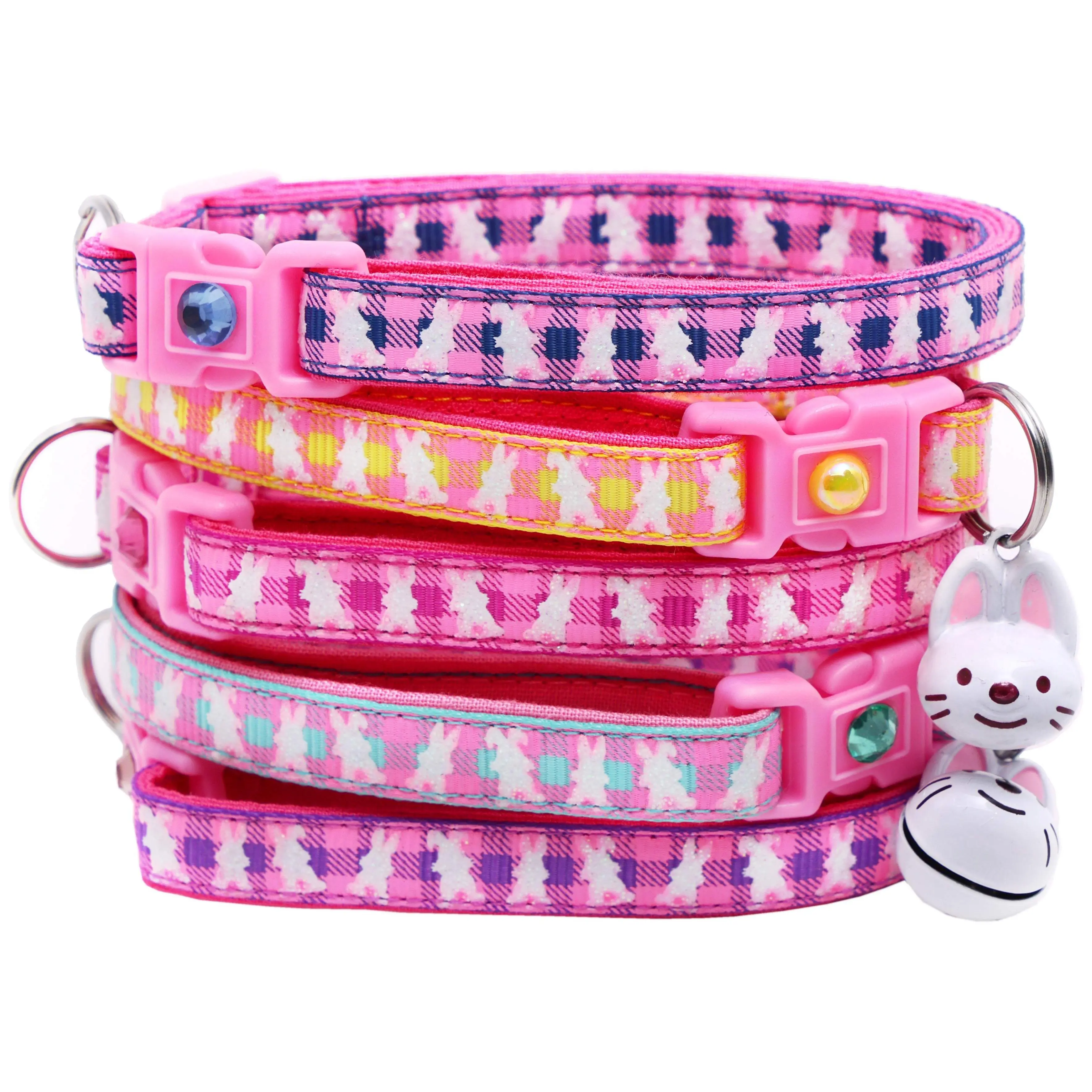 Easter Pink Plaid Bunnies Breakaway Safety Cat Collar with Jingle Bell & Charm by Pugs2Persians Rabbit Bunny