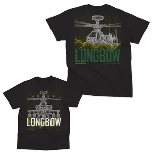 AH-64 Apache Longbow Helicopter T-shirt, 2 Sides Combat Chopper Graphic with Tactical Mountain Design, U.S. Army Attack Helo Tribute for Men & Women, Streetwear, Vacation Outfits, Summer Deals