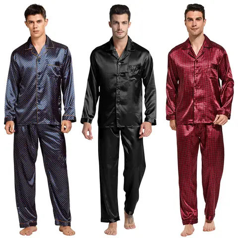 Tony & Candice Menswear 2-Piece Silk-Poly Blend Pajama Set - Men's Long Sleeve Button-Down Pocket Top, Elastic Pants, Fathersdaygift Silky Comfy Night Sleep Loungewear (Hand Wash Only)