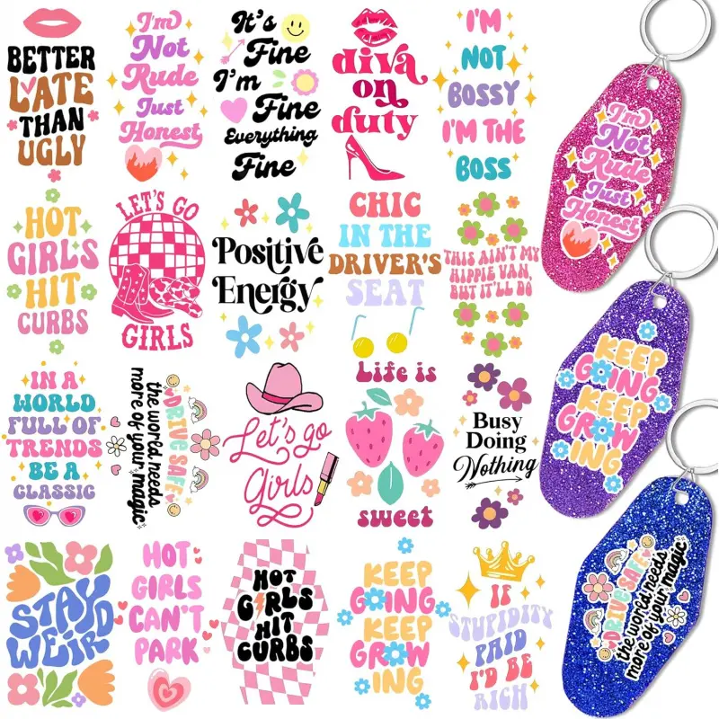 80 Sheets Funny UV DTF Stickers for Motel Keychains, Girl Power Waterproof UV DTF Decals, Positive Cold Transfer Stickers Rub on Transfers