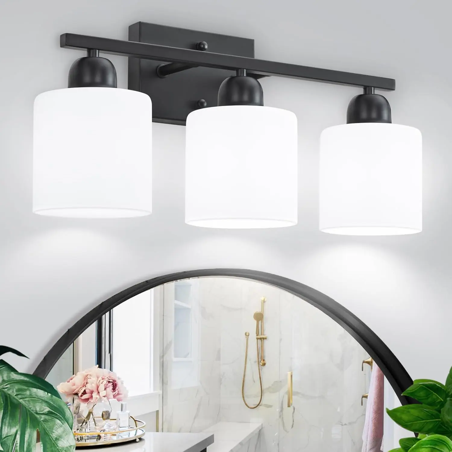 3-Light Bathroom Light Fixtures, Black Bathroom Vanity Lights with Milky White Frosted Glass Shades, Black Vanity Light for Bathroom Mirror, Bedroom, Living Room, Vanity Table, E26 Base