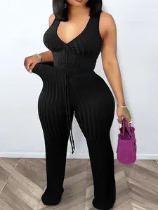 Plus Size Women's Striped Halter Neck Top and Wide Leg Pants Set, Elastic Casual Two-Piece, Spring & Fall Fashion Womenswear