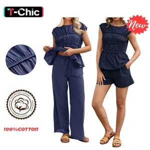 TANKANEO Women's 100% Cotton 2-Piece Boat-Style Cap Tank Top & Wide-Leg Pants Pajama Set, Summer Peplum Pleated Babydoll Loungewear for Travel, Home Comfort