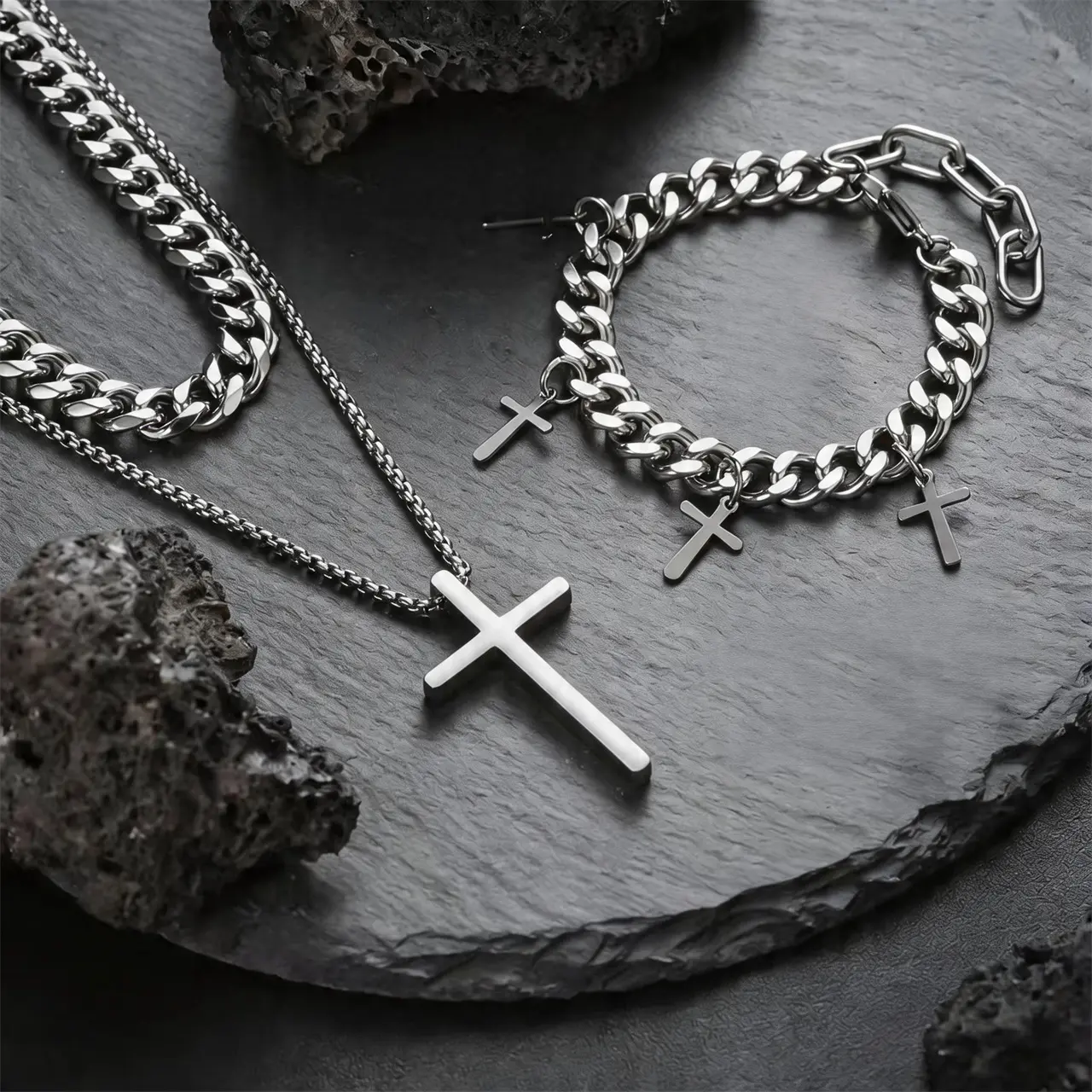 Stainless steel multi-layer cross necklace + adjustable Cuban cross bracelet jewelry set—trendy, long-lasting color, perfect for everyday outfits and as a birthday gift for couples.