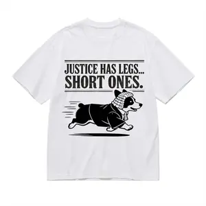 "JUSTICE HAS LEGS...SHORT ONES" Funny Corgi judge Graphic Print Women's Men's T-shirt Vintage Crew Neck 100% Cotton T-Shirts - Top for Men Women Short Sleeve Daily Casual Wear Comfortable Soft Breathable Tees Shirts Gifts for Legal Practitioner