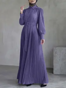 Women's Casual Modest Style Solid Color Dress, Hijabi Muslim Cute Dresses, Shirt Collar Button Front Long Sleeve Lantern Sleeves Pleated Waist Belt A-Line Design Pleated Dresses