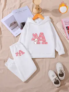 Girls' Trendy Cartoon Fall Winter Set, Hooded Sweatshirt with Meilody Print, Casual Fitted Pants, Warm Daily Wear, School Life, Holiday Gift