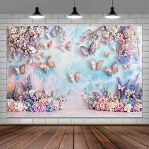 Purple Butterfly Floral Backdrop Elegant Style Polyester Fabric Photography Background Wrinkle Resistant HD Print Party Decor Photo Booth