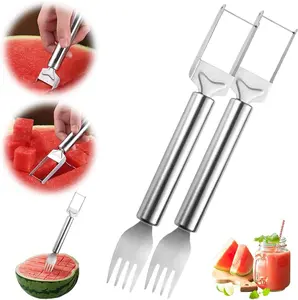【2 Pack】Watermelon Fork Slicer,Watermelon Slicer Cutter,Watermelon Cube Cutting Tool, 2-in-1 Stainless Steel Fruit Cutter, Dual Head Fruit Forks Slicer Knife with Round Handle,Fruit Cutting Kitchen Utensils,Kitchen Gadgets,Portable Modern