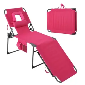 Portable Face Down Chaise Lounge, 5-Level Tanning Chair with Pillow & Side Pocket, Ideal for Beach, Patio & Poolside