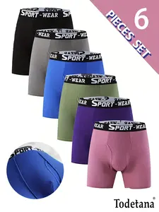 Todetana 6-piece Men's Solid Color Letter Tape Stretchy Boxer Briefs Casual Comfy Slim Fit Breathable Moisture Absorption Opening Crotch Underwear for Daily Wear Athleisure Menswear Gifts for Christmas & New Year