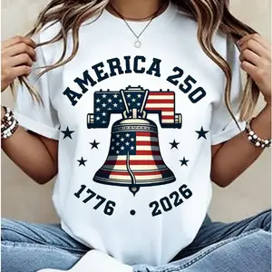 America 250 1776-2026 Liberty Bell USA Flag Graphic Oversized T-Shirt, 4th of July Patriotic Comfort Cotton Outfit, Cute Fashion Star Print Tee, Best Gift for Lover Family Friends Independence Day