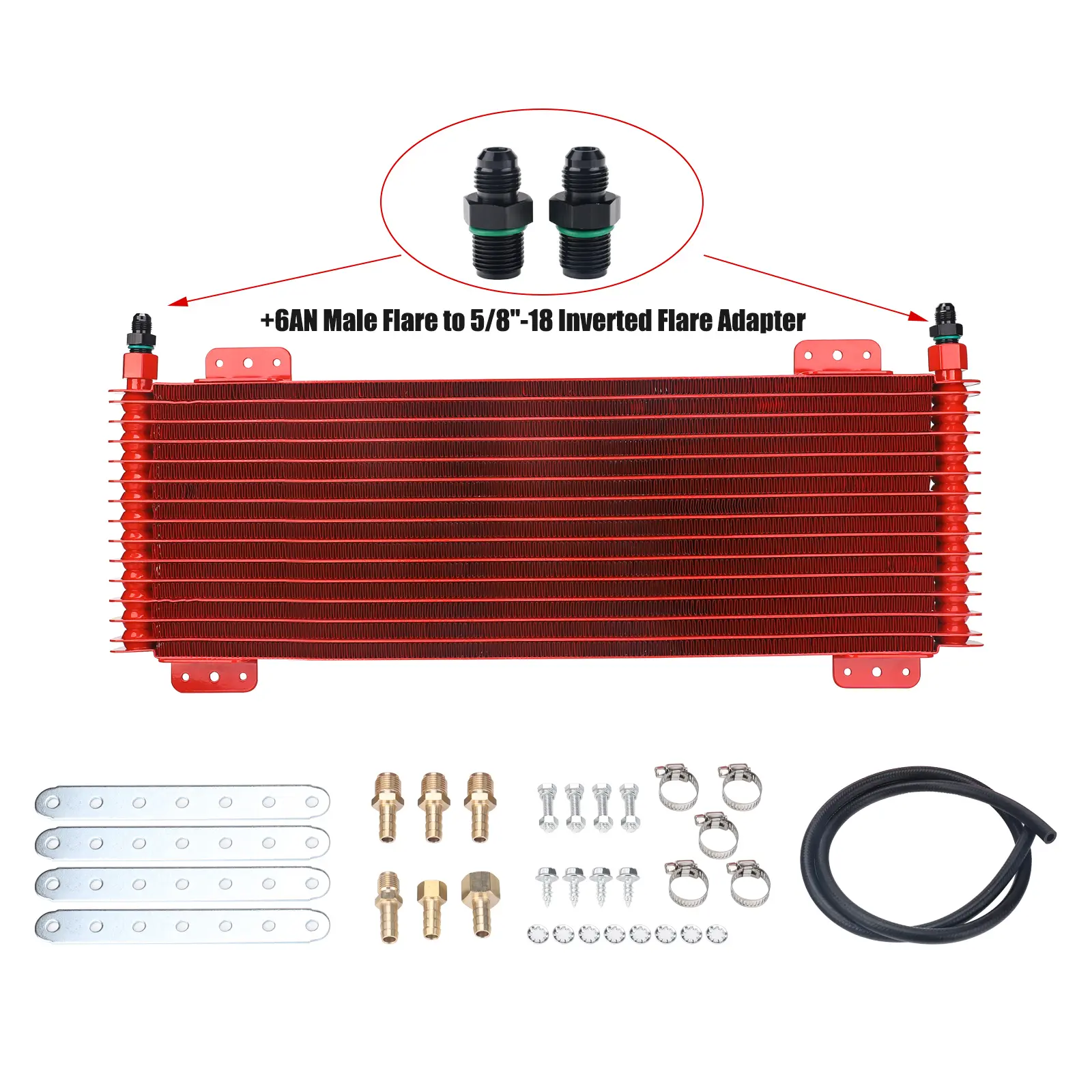 3mirrors Aluminum Transmission Oil Cooler (Red) - 40000 GVW, Low Pressure Drop LPD47391, 47391 Part Number, High Cooling, 1.27 in, Includes Nuts, Bolts, Washers, Hose Clamps, Cooler Hose, Brass Fittings, Includes Parts