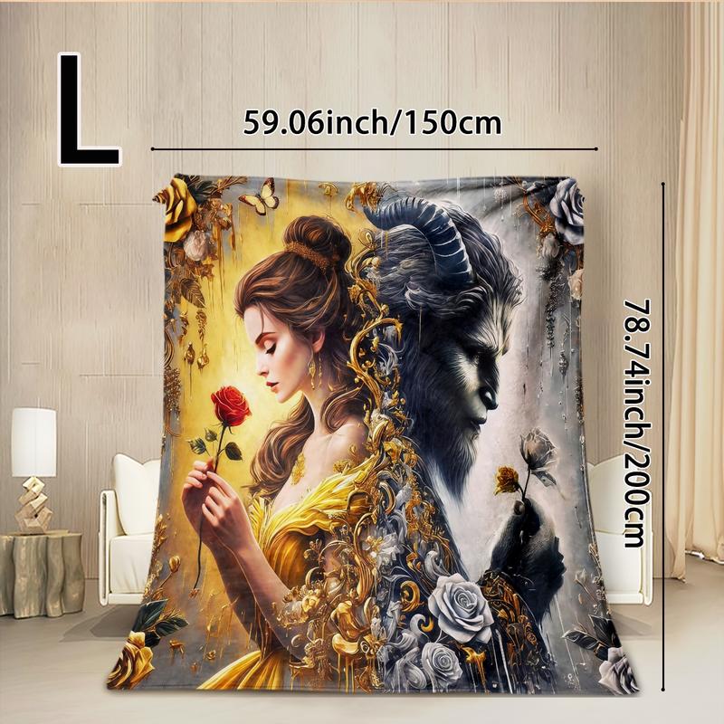 Beauty and Beast Flannel Blanket, Romantic Couple Design, Warm Cozy Throw, Creative Digital Print, Holiday Gift, Multi-Purpose