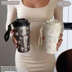 500ML Flower Theme Insulated Stainless Steel Cup, Dual Layer Thermos Bottle, Straw & Direct Drinking, Ideal for Home, Office, Travel