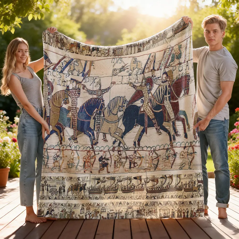 Vintage Bayeux Tapestry Blanket, Medieval Knights Cavalry Viking Longship History Art Print, Antique Dark Academia Decor Gift for History Buffs Men Dad Him, Christmas Father's Day Present, Super Soft Warm Cozy Fleece Flannel Throw Blanket
