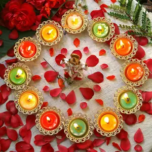 Golden Metal Diwali Diya Set - 12PCS Reusable Deya Oil Lamps for Diwali Gifts Indian Wedding Housewarming Pooja Decor Home Temple Mandir Altar Puja Item India Urli Bowl Diyas for Hindu Religion Ritual Ornaments Decoration Cute Floating Candle Holder