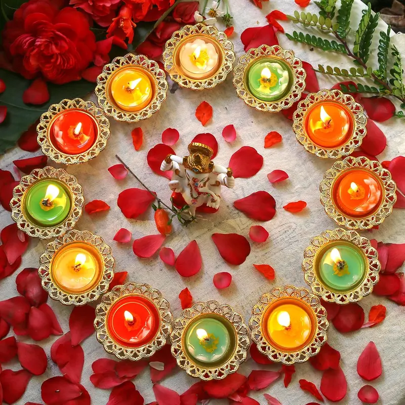 Golden Metal Diwali Diya Set - 12PCS Reusable Deya Oil Lamps for Diwali Gifts Indian Wedding Housewarming Pooja Decor Home Temple Mandir Altar Puja Item India Urli Bowl Diyas for Hindu Religion Ritual