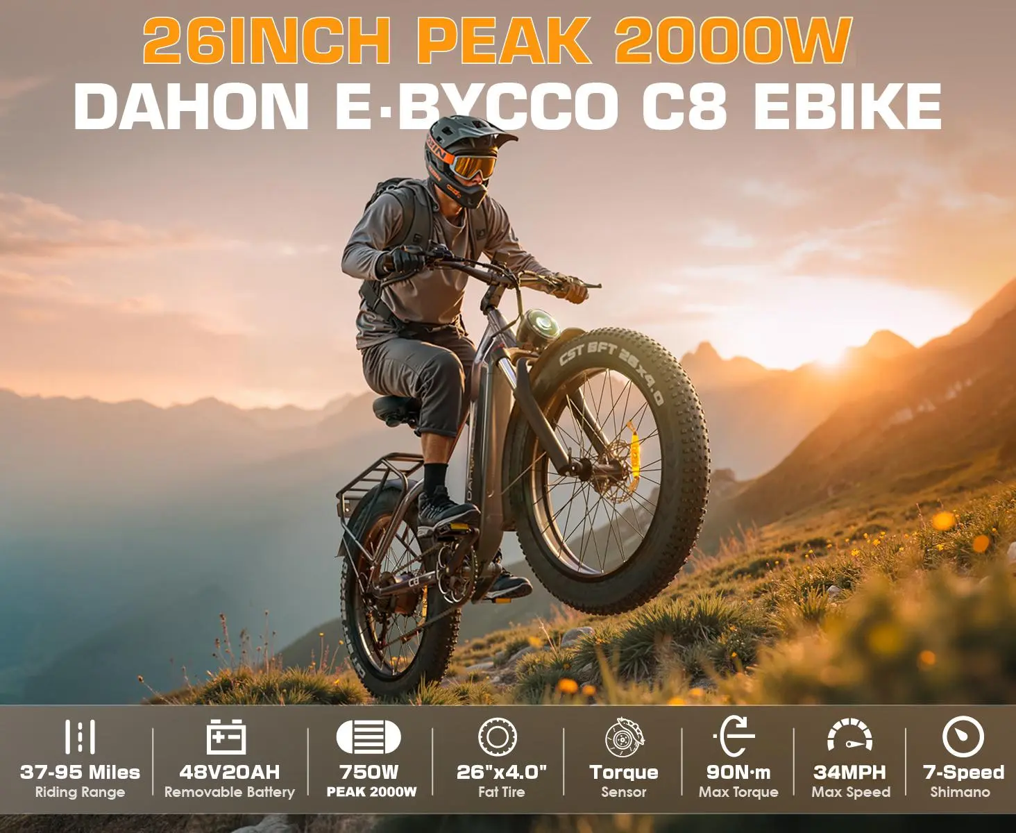 EBycco C9 DAHON 2000W Peak Electric Bike - 48V 20AH 960Wh Replaceable Battery, 32MPH Max Speed, 26" Fat Tire, Front Suspension, Hydraulic Brake, Torque Sensor, UL Certified Mountain Outdoor E-Bike