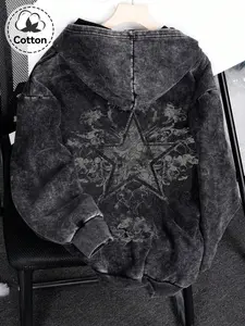 Men's Zipper Cardigan Sweatshirt, Heart & Star Pattern, Casual Loose-Fitting Hoodie, Spring & Fall Fashion Cotton Pullover