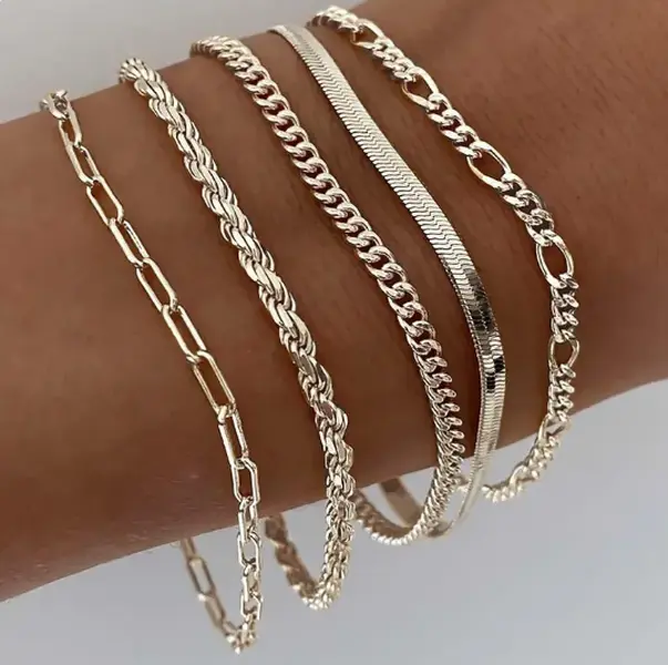 5-Piece Gold Bracelet Set for Women, Dainty Stackable Cuban Link & Paperclip Chains, Hypoallergenic Metal Jewelry, Trendy Gold Aesthetic Gift, Cuban Link Bracelets, Chain Styles, Daily Wear, Stackable Sets, Thin Dainty, Extensible Length, Layering Mix, Fe