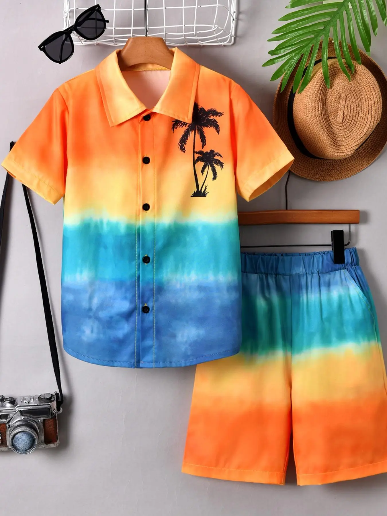 Two-piece Set Boy's Plants Print Short Sleeve Shirt & Elastic Waist Shorts, Casual Summer Clothes for Kids, Kids Clothing for Beach Vacation Holiday