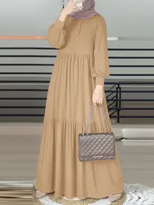 Women's Round Neck Long Sleeve Ruffle Hem Loose Casual Maxi Dress, Comfortable and Stylish, Perfect for Everyday Wear, Modest Style Dress