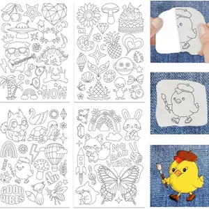 4Sheets Cute Cartoon Pattern Self-Adhesive Embroidery Design Kit, Water Soluble Stabilizer Sheets, Washable Stick on Embroidery Pattern Paper for DIY Stitch Craft
