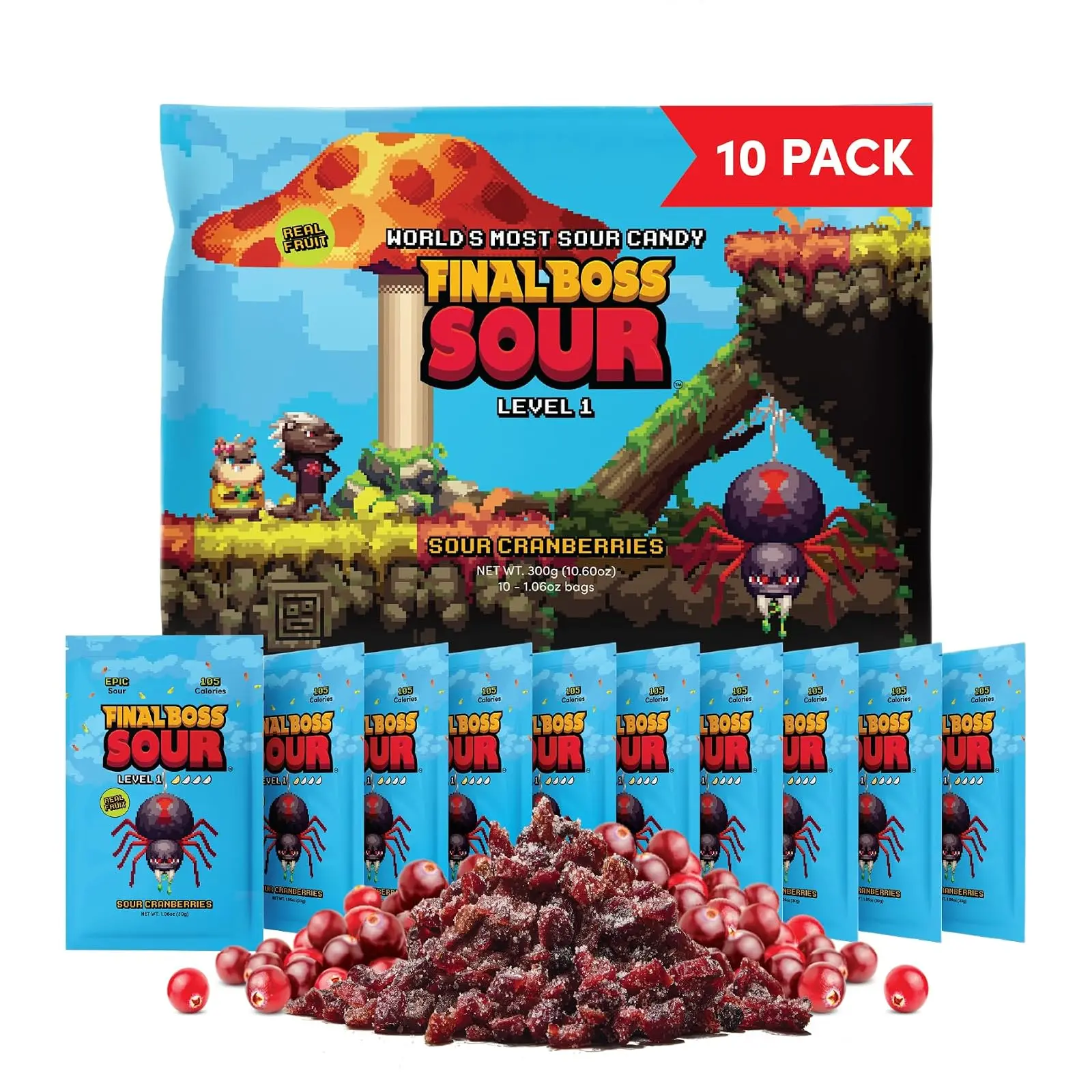 Final Boss Sour Fruit Candy, Sour Cranberries, Level 1, 10 Pack | Made with Real Dried Fruit, Mild Sour Flavor, No Artificial Colors, No Artificial Fruit Flavors, Low Calorie Snack