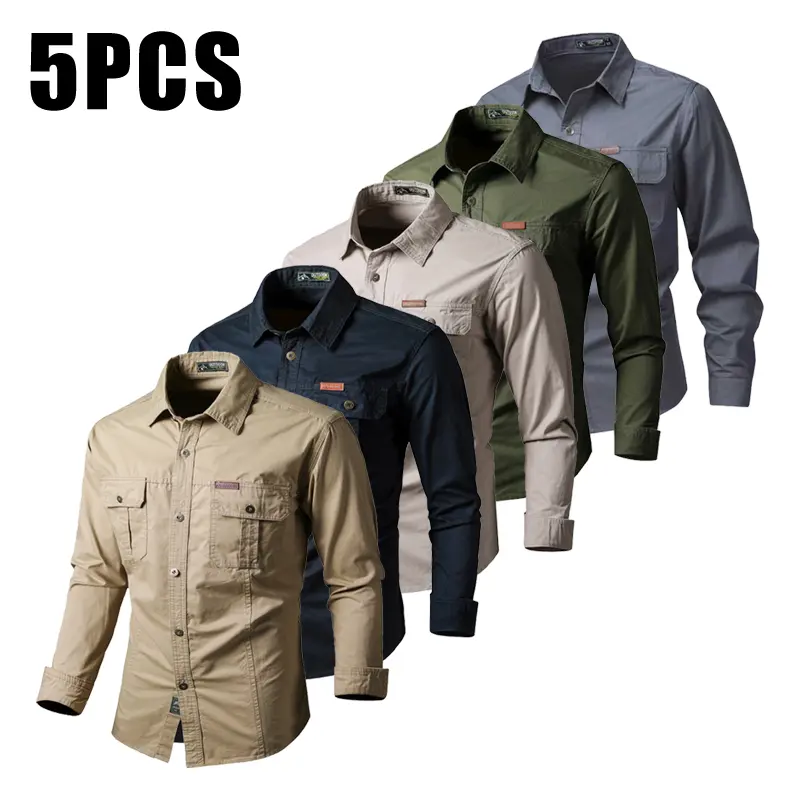 5-pack new men’s long-sleeve shirts for outdoor casual wear with multiple pockets-suitable for sports, hiking, mountaineering, fishing, and leisure activities.Fathersdaygift