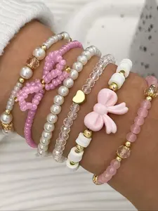 6 Pcs Glass Bead & Faux Pearl Bracelet Set, Cute Y2K Bow & Heart Design, Handmade Layered Bracelets for Women