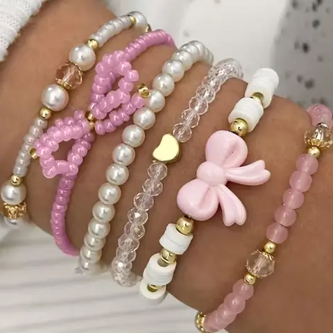 Mother's Day Gift 6 Pcs Glass Bead & Faux Pearl Bracelet Set, Cute Y2K Bow & Heart Design, Handmade Layered Stackable Bracelets for Women, Stacking Bracelet