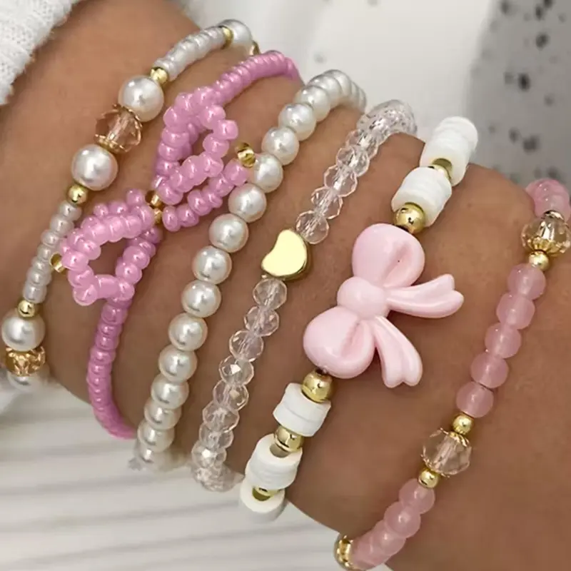 Mother's Day Gift 6 Pcs Glass Bead & Faux Pearl Bracelet Set, Cute Y2K Bow & Heart Design, Handmade Layered Stackable Bracelets for Women, Stacking Bracelet