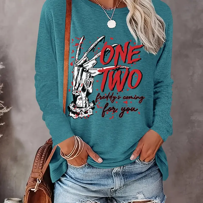 Women's Skeleton Hand & Letter Print Round Neck Sweatshirt, Halloween Themed Casual Long Sleeve Crew Neck Pullover for Daily Wear, Ladies Clothing for All Seasons Christmas, Aesthetic Casual Pullover