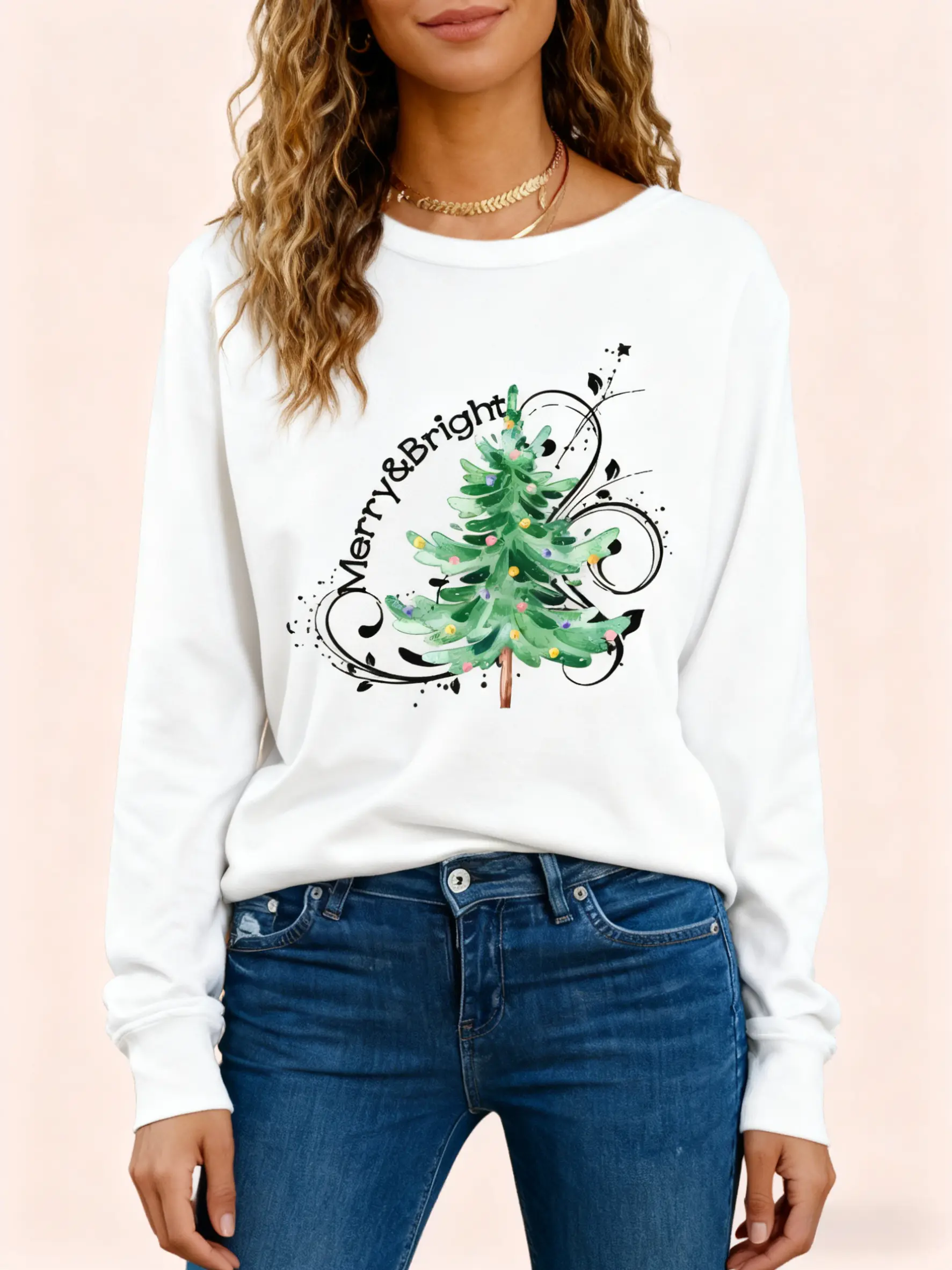 Women's Christmas Tree Graphic Cotton Knitwear Long-Sleeve Round Neck Tee - Casual, Preppy Sweet All-Seasons Holiday Top for Beach & Everyday Wear