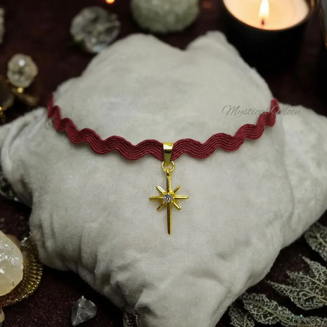 Celestial Burgundy Choker Necklace with Shining Star Pendant Charm Zig Zag Ribbon Necklace Witchy Wiccan Jewelry Handmade Gift for Her