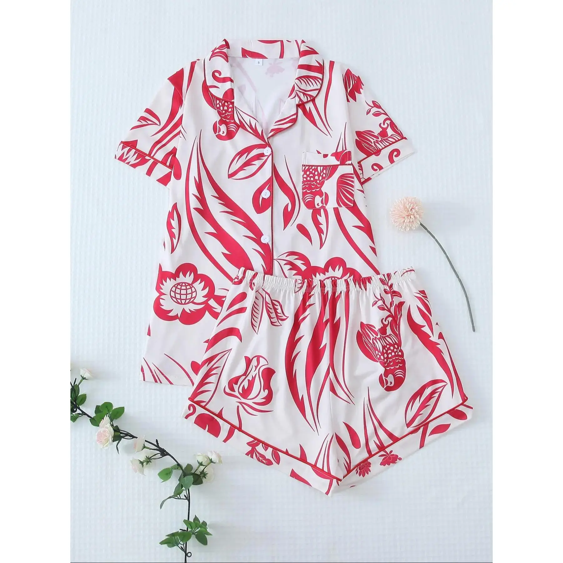 Fashion Matching Two Piece Set, Button Front Pocket Shirt & Elastic Waist Shorts Pajama Two-Piece Set, Comfy Soft PJ Summer Clothes for Women, Loungewear, Casual Cool, Everyday Chic, Warm Layer, Weather, Hot Trend