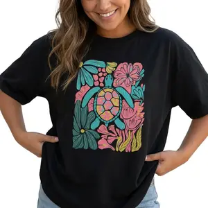 Sea Turtle Graphic Tee Women Tropical Floral Boho Shirt Plus Size Beach Vacation Top