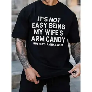 Oversized Graphic Tee, "My Wife's Arm Candy" Print T-Shirt, Funny Husband Casual Daily Top, Trendy Men's Apparel, Unique Gift